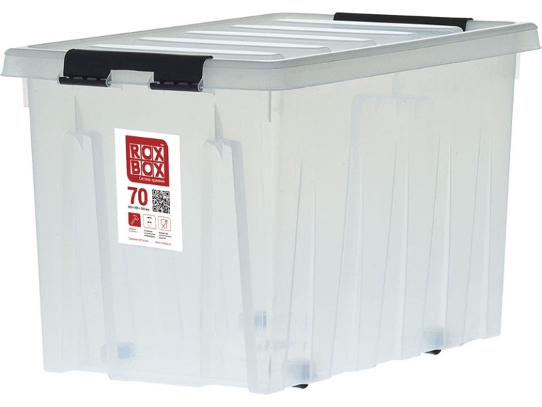 Контейнер Rox Box Original 70 (580х390х350 мм с крышкой и клипсами, на роликах, прозрачный) купить в Перми