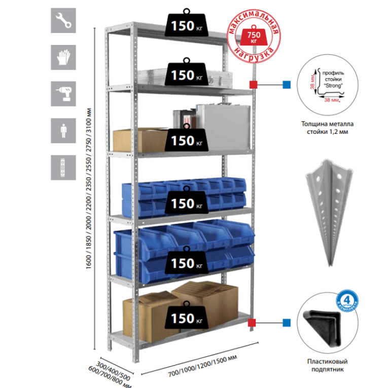 Стеллаж MS Strong 2550х1000х800 5 полок купить в Перми Стеллаж MS Strong 2550х1000х800 5 полок купить в Перми